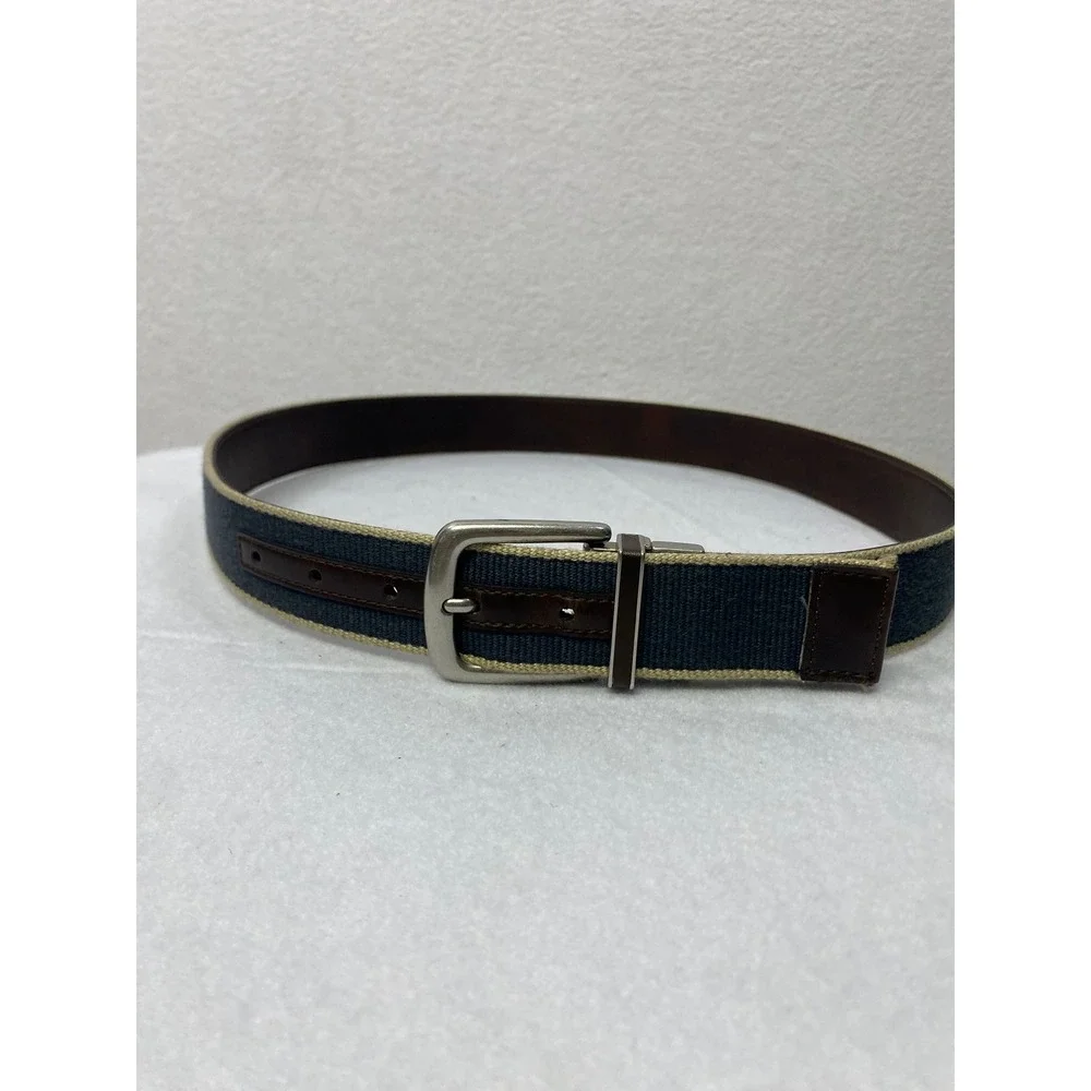 Mens Reversible Canvas Leather Belt Silver Buckle‎ Size 34